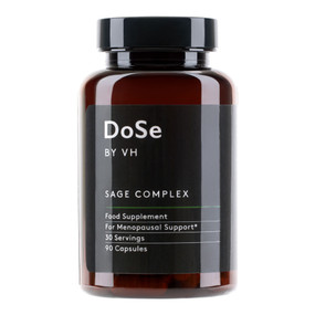 Dose by VH Sage Complex -90-Capsules black plastic bottle; this Sage Leaf supplement contains herbs and Vitamin B6 to banish symptoms of  perimenopause & menopause including hot flushes, night sweats, and vaginal dryness.
