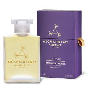 Aromatherapy Associates De-Stress Muscle Bath & Shower Oil -  55-ml glass bottle in a purple box; helps stiffness melt away as you leave the stress of the day behind you.