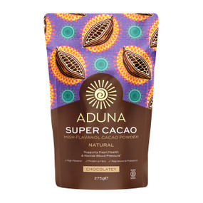 Aduna Super-Cacao Powder - 275-Grams in a brown plastic pouch; a better source of antioxidant flavanols than raw cacao powder. Flavanols are potent antioxidants which support healthy blood flow and protect the heart.