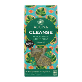 Aduna Cleanse Moringa, Mint & Nettle Tea - 15-Tea Pyramids front image; supports a wide range of health benefits, including cleansing elimination of waste from the body