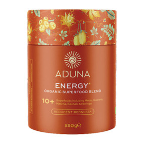 Aduna Organic Energy Superfood Blend  250-Grams orange carboard tube; can help reduce tiredness and fatigue and support normal energy release.