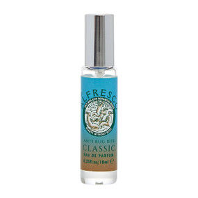 Alfresco Anti-Bug Bite Spray 10ml in a glass bottle, blue label and silver cap; Compact and easy to carry, this mosquito repellent spray is perfect for outdoor activities, travel, and daily use, providing effective protection against bugs, mosquitoes, and other insects.