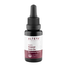 Alteya Organics Rosehip Seed Oil 20ml amber dropper bottle; cold-pressed and pure, enriched with nutrients and antioxidants, this rosehip seed oil promotes glowing skin and  soft hair