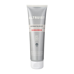 Altruist Sunscreen SPF 50, 100ml in a greyplastic tube & white cap; high-quality, broad-spectrum protection with 5-star ultra-UVA rating (PPD 52), Altruist sunscreen SPF50 has a broad range of photostable UV filter
