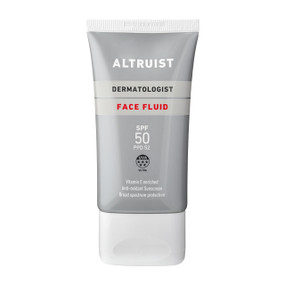 Altruist Face Fluid SPF50 50ml in a silver plastic tube and white cap; Altruist Face Fluid SPF 50 is a lightweight, fast-absorbing sunscreen providing high UVA/UVB protection