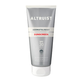 Altruist Sunscreen SPF30 200ml in a silver plastic tube and white cap; Altruist Dermatologist Sunscreen SPF30 offers broad-spectrum UV protection with a 5-star ultra-UVA rating. Fast-absorbing, non-greasy, and suitable for sensitive skin, it’s perfect for everyday us