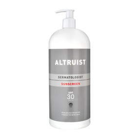 Altruist Sunscreen SPF 30 - 1 litre white plastic bottle with pump and silver label; Altruist Sunscreen SPF30 (1L) offers water-resistant, non-comedogenic sun protection for all skin types, including sensitive and acne-prone skin.