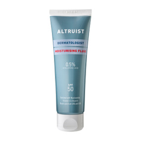 Altruist Moisturising Fluid SPF50 in a blue plastic tube with a white lid; Altruist Moisturising Fluid SPF50 offers broad-spectrum SPF50 protection against UVA and UVB rays while deeply hydrating the skin.