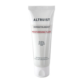Altruist Moisturising Fluid 0.5% Hyaluronic Acid 50ml in a white plastic tube -  ALTRUIST Dermatologist Moisturising Fluid 0.5% Hyaluronic Acid  is lightweight, hydrates. moisturises and soothes with 0.5% hyaluronic acid.