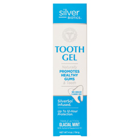 American Biotech Labs SilverSol Tooth Gel - 114-Grams front image; with Xylitol and 100% pure and natural therapeutic grade organic Peppermint is designed to help clean your teeth like no tooth gel has ever done before.