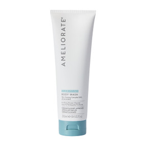 Ameliorate Clarifying Clay Body Wash 250ml white plastic tube; a daily deep cleanse for preventing body breakouts with this clarifying clay-infused body wash.