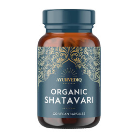 Ayurvediq Wellness Organic Shatavari - 400-mg 120-Capsules front image; helps to ease female hormonal problems from puberty through to menopause and beyond.