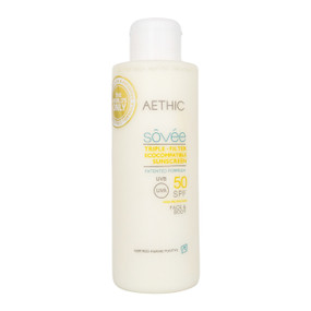 Aethic SPF 50 Mother and Baby Fragrance-Free Sunscreen - 150-ml front image; an octinoxate & avobenzene-free sunscreen, this marine-friendly water resistant sunscreen is suitable for babies & adults.