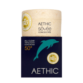 Aethic Concentrée Triple Filter Ecocompatible Sunscreen SPF 50+ - 30-ml brown plastic jar & blue carton box; This Aethic SPF 50+ sunscreen provides high broad-spectrum UVA and UVB protection and it has been specially developed to protect highly exposed areas like under your eyes, cheekbones, nose, forehead and shoulders