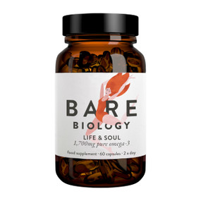 Bare Biology Life & Soul Omega-3 Fish Oil Daily Capsules - 60-Capsules in a brown glass jar with white label; the purest Omega-3 fish oil supplement with high strengths of EPA & DHA.