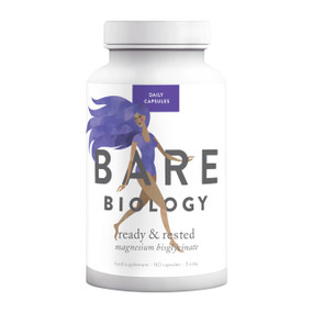 Bare Biology Ready & Rested Magnesium Bisglycinate 180 capsules in a white plastic tube;  this magnesium bisglycinate's benefits include enhanced energy, reduced fatigue, improved sleep pattern & is gentle on the stomach.