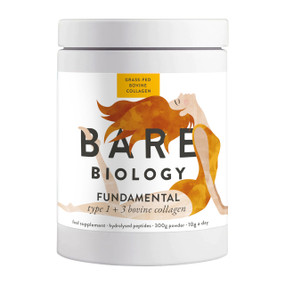 Bare Biology Fundamental Pure Bovine Collagen Powder 300g - white plastic tube; Support skin, hair, nails & joints with 10g of pure, hydrolysed bovine collagen peptides per serving.