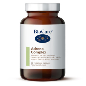 BioCare Adreno Complex - 60-Capsules  in a brown glass jar with a white label; contains vitamins & herbs to support optimum adrenal function