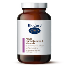 BioCare Adult Multivitamins & Minerals - 90-Capsules brown glass jar white label; contains active states of several vitamins in an easy to take one-a-day dose