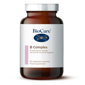 Biocare B Complex-30 capsules brown glass jar white label; a high potency vitamin B supporting energy, hormone & nervous support
