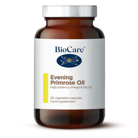 Biocare Evening Primrose Oil - 30-Capsules brown glass jar white label; provides omega-6 for skin & hormonal health.