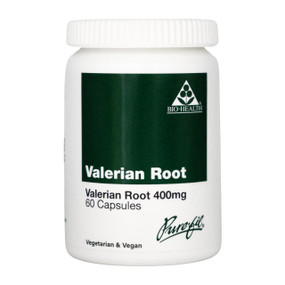 Bio-Health Valdrian Valerian Root, 60 capsules in a green & white plastic container, provides temporary relief of symptoms of mild anxiety and aids sleep.