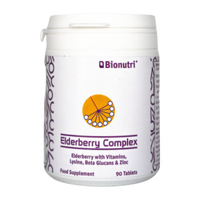 BioNutri Elderberry Complex - 90-Tablets in a white tub. Combines Black Elderberries with scientific ingredients including Vitamin C, Vitamin B6, Vitamin D and Zinc to help support your immune system.