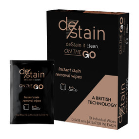 Brolli Group Ltd deStain, previously know as Swoosh Instant Stain Removal Wipes -  10 wipes in a black & rose gold carton box, is the ideal on-the-go stain removal solution