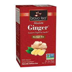 Bravo Tea Absoulute Ginger - 20-Tea Bags in a red carton box; helps relieve flatulence, bloating, nausea and morning sickness while boosting circulation to relieve arthritic symptoms.