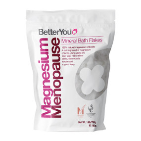 BetterYou Magnesium Menopause Bath Flakes 750g in a white& pink, fully recyclable, eco-friendly packaging