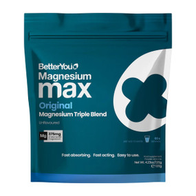 Magnesium Max Original Powder 120g in a blue plastic pouch; BetterYou Magnesium Max Original Powder contains three forms of highly bioavailable magnesium to help support energy, performance, and sleep quality.