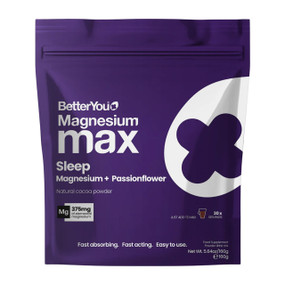 BetterYou Magnesium Max Sleep Powder 160g in a purple plastic bag; this magnesium powder for sleep helps ease tiredness, supports relaxation, and helps sleep quality