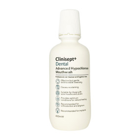 Alcohol-free & non-irritating to the gums, Clinisept+ Mouthwash  400ml white bottle; deodorises & protects against gum disease