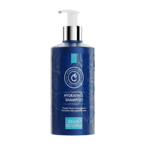 CurlyEllie Hydrating Shampoo, 300ml in a blue plastic tube with white pump; this shampoo for curly hair gently cleanses, restores and hydrates hair and scalp
