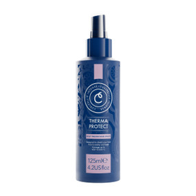 CurlyEllie Therma Protect Hair Spray 125ml blue plastic tube heat protection spray for curly, wavy, and coily hair. Controls frizz, hydrates, defines curls, and boosts shine while protecting hair from heat and humidity.