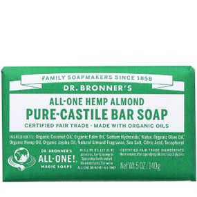 Dr Bronner's Organic Almond Soap Bar - 140-Grams bar wrapped in green; a bio-degradable soap which cleanses effectively
