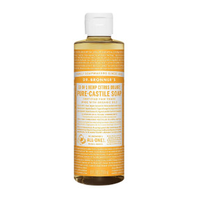 Dr Bronner's Organic Citrus Castile Liquid Soap - 236-ml plastic bottle with yellow label;  a biodegradable liquid soap for hands, body, face, and even dirty dishes.