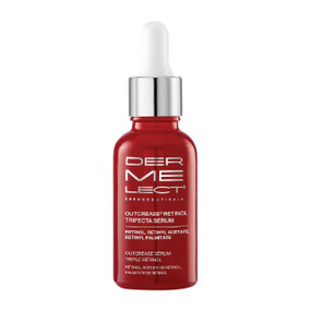 Dermelect Cosmeceuticals Outcrease Retinol Trifecta Serum 30-ml red dropper bottle; effectively targets the appearance of fine lines, wrinkles, thick skin, and sun damage.