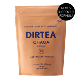 DIRTEA Chaga Mushroom Powder Pouch - 240-Grams 120-Servings orange aluminium pouch; the perfect way to fortify your immune system and give you a natural energy boost.