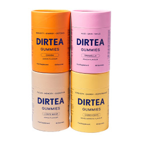 DIRTEA Gummies Boxset includes Lion’s Mane (60 Gummies), Chaga (60 Gummies), 
Cordyceps (60 Gummies) and Tremella (60 Gummies)
