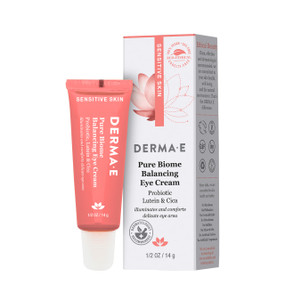 Derma E Pure Biome Balancing Eye Cream - white carton box & 14-Grams pink plastic tube in a box; helps to improve dark circles, puffy eyes & fine eye lines.