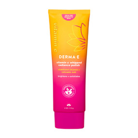 Derma E Vitamin C Whipped Radiance Polish 113g tube with vibrant orange-to-pink ombre design. Awaken your skin with Derma E exfoliating face polish with lactic acid to reveal a renewed radiant glow.