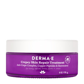 Derma E Crepey Skin Repair Treatment - 170-Grams in a purple glass tub with white cap; a unique face and body cream formulated with an Anti-Crepe Complex.