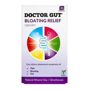 Doctor Gut Bloating Relief - 30-Capsules in a white carton box; provides quick relief from the painful pressure of excess gas in the digestive tract for adults and children 12 years of age and older.