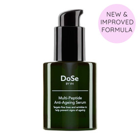 DoSe by VH Multi-Peptide Anti-Ageing Serum, 30 ml, in a green glass bottle; this multi-peptide serum for face boosts collagen and elastin production to help soften fine lines and boost elasticity.