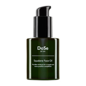 DoSe by VH Squalane Oil, 30 ml, in a green glass bottle; this squalane oil for the face works to restore moisture & prevent dehydration.