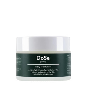 DoSe  Daily Moisturiser 50ml in a glass jar with green label and white cap;  a hydrating & moisturising face cream suitable for all skin types including sensitive skin.