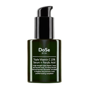 DoSe by VH Triple Vitamin C 23% Serum + Ferulic Acid, 30 ml, in a green glass bottle; DoSe Vitamin C 23% Serum with Ferulic Acid visibly reduces pigmentation, boosts radiance, and supports smoother, firmer skin — your daily solution to brighter, even-toned, hydrated skin.