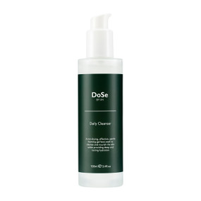 DoSe  Daily Cleanser, 100 ml, in a white glass bottle with green label; an award winning cleansing face wash, suitable for all skin types, which removes dirt & makeup.