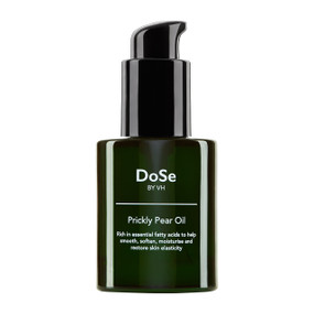 DoSe by VH Prickly Pear Oil, 30 ml, in a green glass bottle; this prickly pear seed oil benefits skin by improving skin tone & skin elasticity.